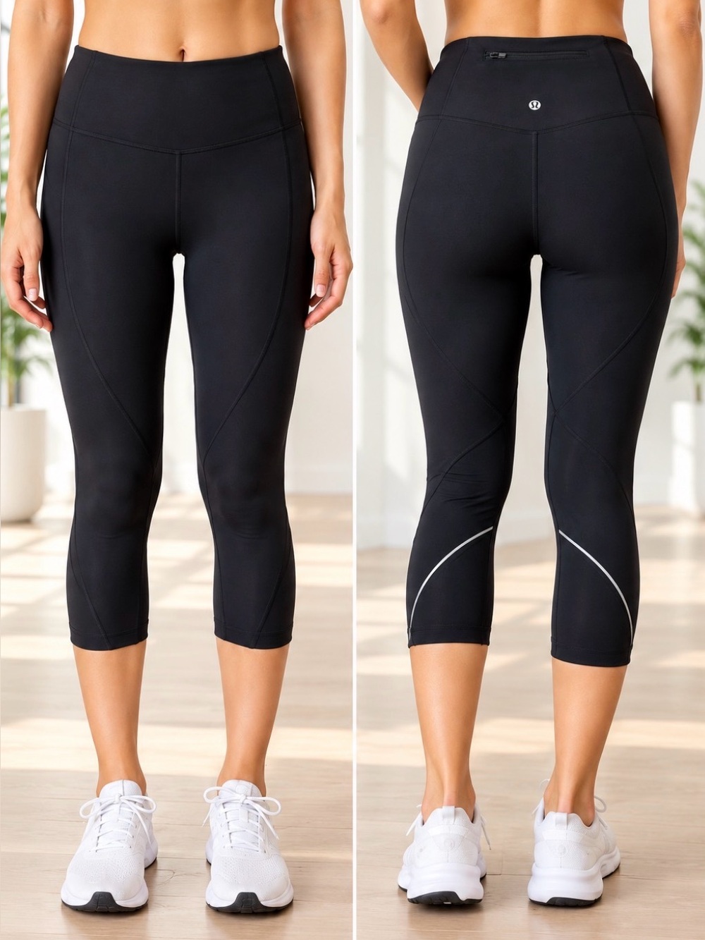 Lululemon Running Crop Leggings Women's Size 8 Black Reflective Zip Pocket